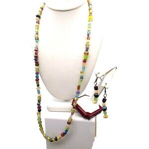 Vintage Parure, Colorful Mixed Art Glass Beads Necklace with Matching Dangle